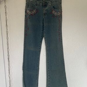 Cache Blue Flare Jeans with Red Embellishments